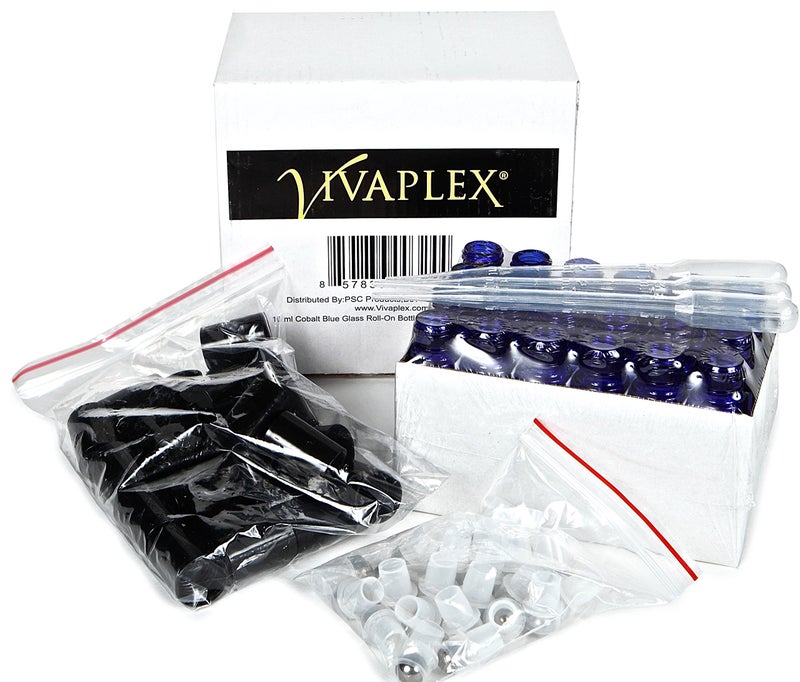 Vivaplex  24  Cobalt Blue  10 ml Glass Roll-on Bottles with Stainless Steel Roller Balls. 3-3 ml Droppers included - Image 3